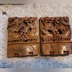 Bookends Carved Soapstone Fish and Floral Design VINTAGE